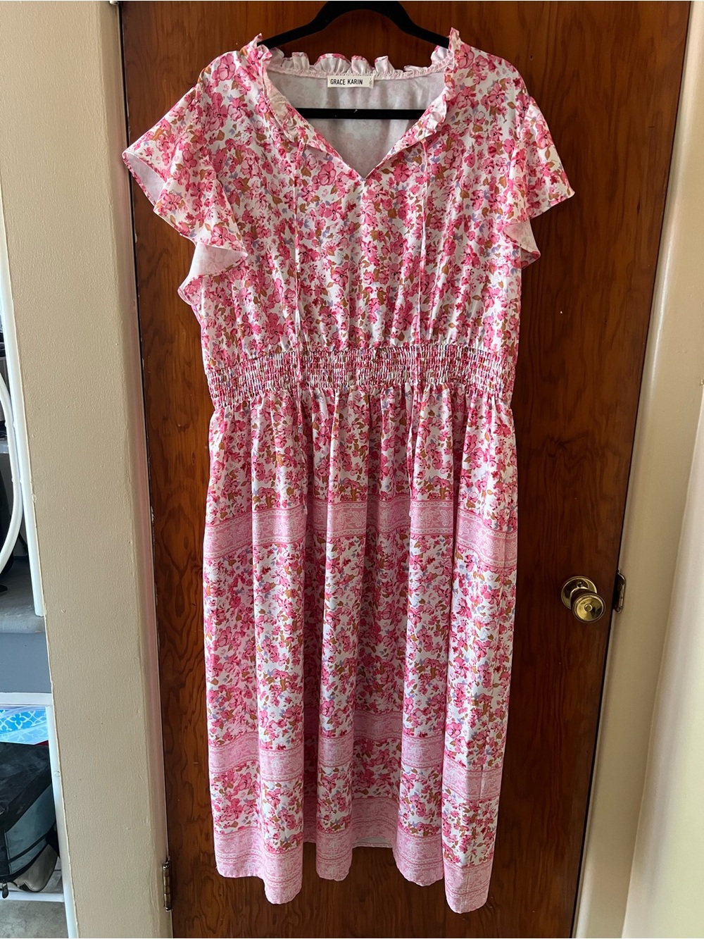 Grace Karin Pink and White Floral Midi Dress With Smocking